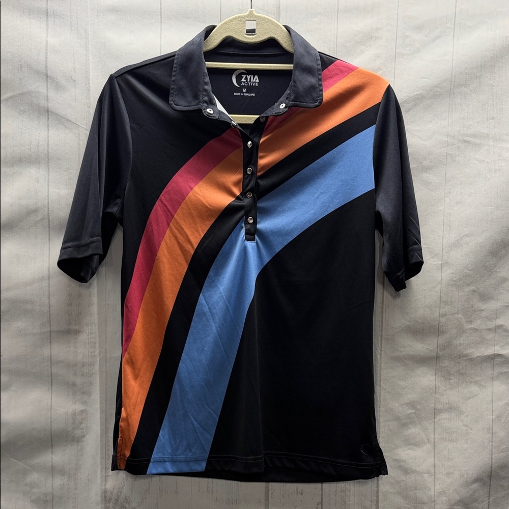 ZYIA Active Navy Blue Colorful Pattern Golf Tennis Short Sleeve Polo Shirt